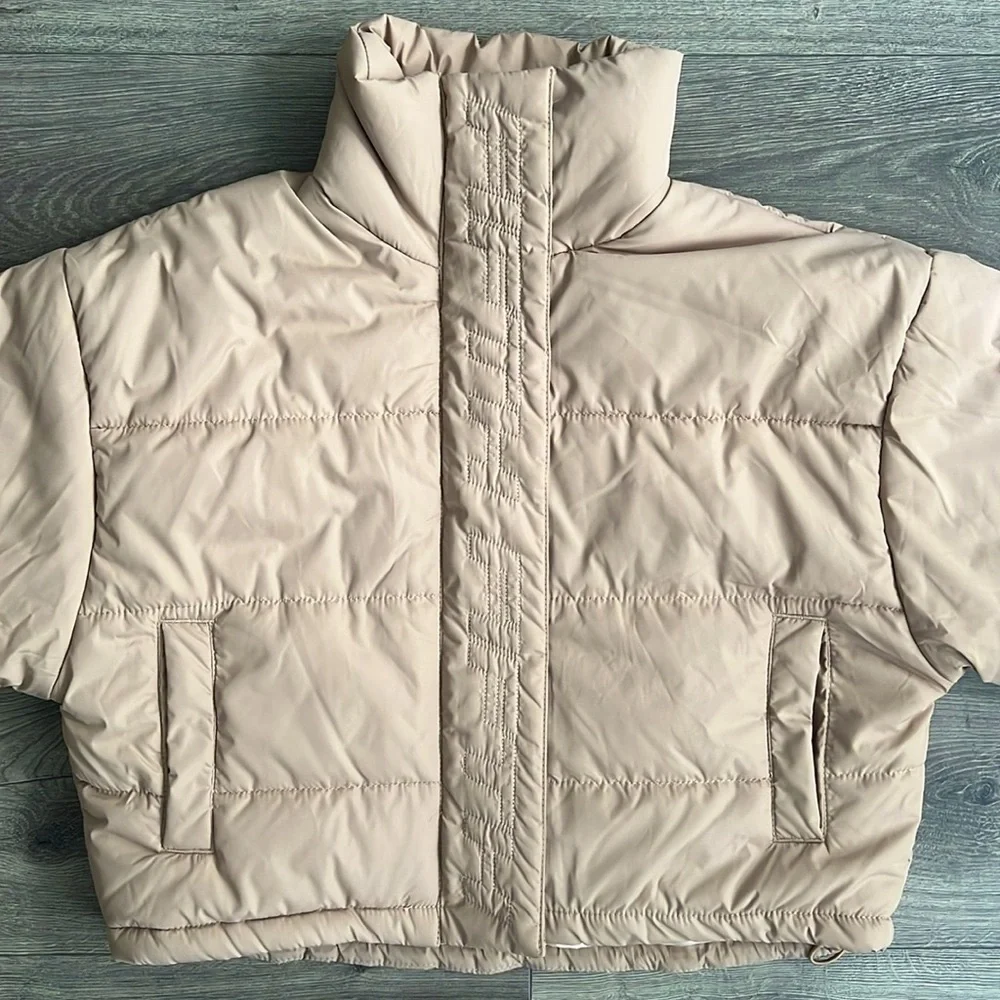 THE FIFTH LABEL Oversized Puffer Jacket XS Beige Neutral Cropped Retro 90s Fall - Picture 6 of 12